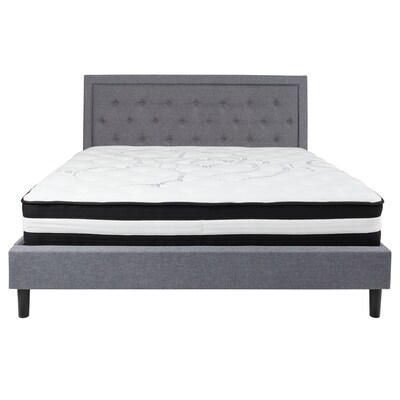 Flash Furniture Roxbury Tufted Upholstered Platform Bed in Light Gray Fabric with Pocket Spring Mattress, King (SLBM28)