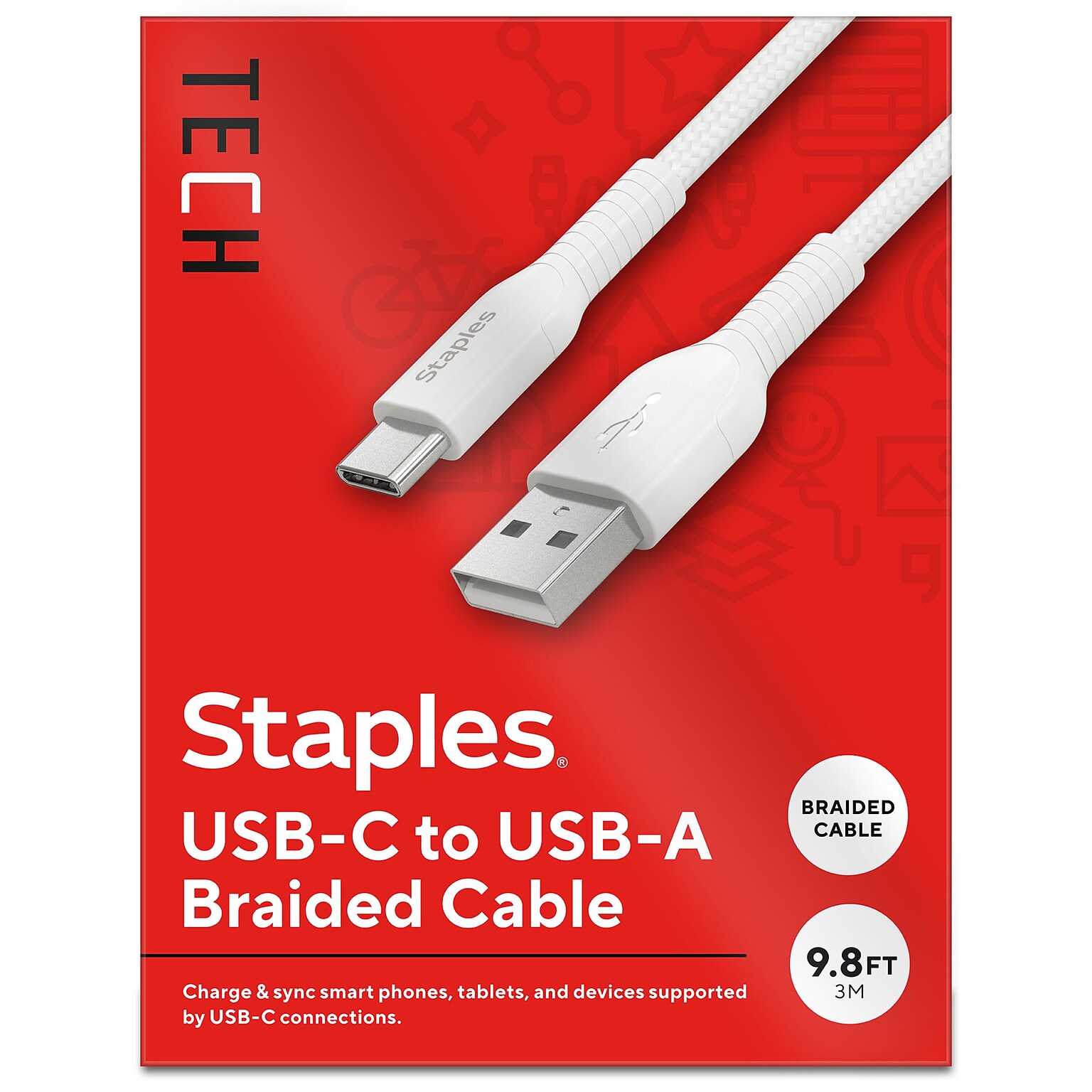 Staples TECH USB-C to USB-A Charging Cable, 9.8 ft., White (ST62339)