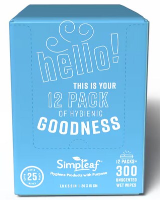 Simpleaf Unscented Flushable Wipes, 25 Single Wipes/Pack, 12 Packs/Box (S-002-12pack)