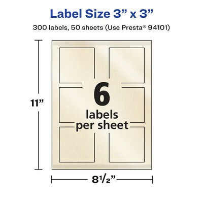 Avery Laser/Inkjet Square Pearlized Labels, 3" x 3", Ivory, 300 Labels/Box (94101)