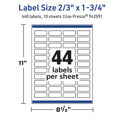 Avery TrueBlock Laser/Inkjet Rectangle Multipurpose Labels, 2/3" x 1-3/4", White, 440/Pack (94209)