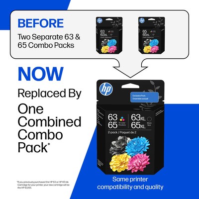 HP 63/65 XL Black High Yield and Tri-Color Standard Yield Ink Cartridge, 2/Pack (B87FDAN)