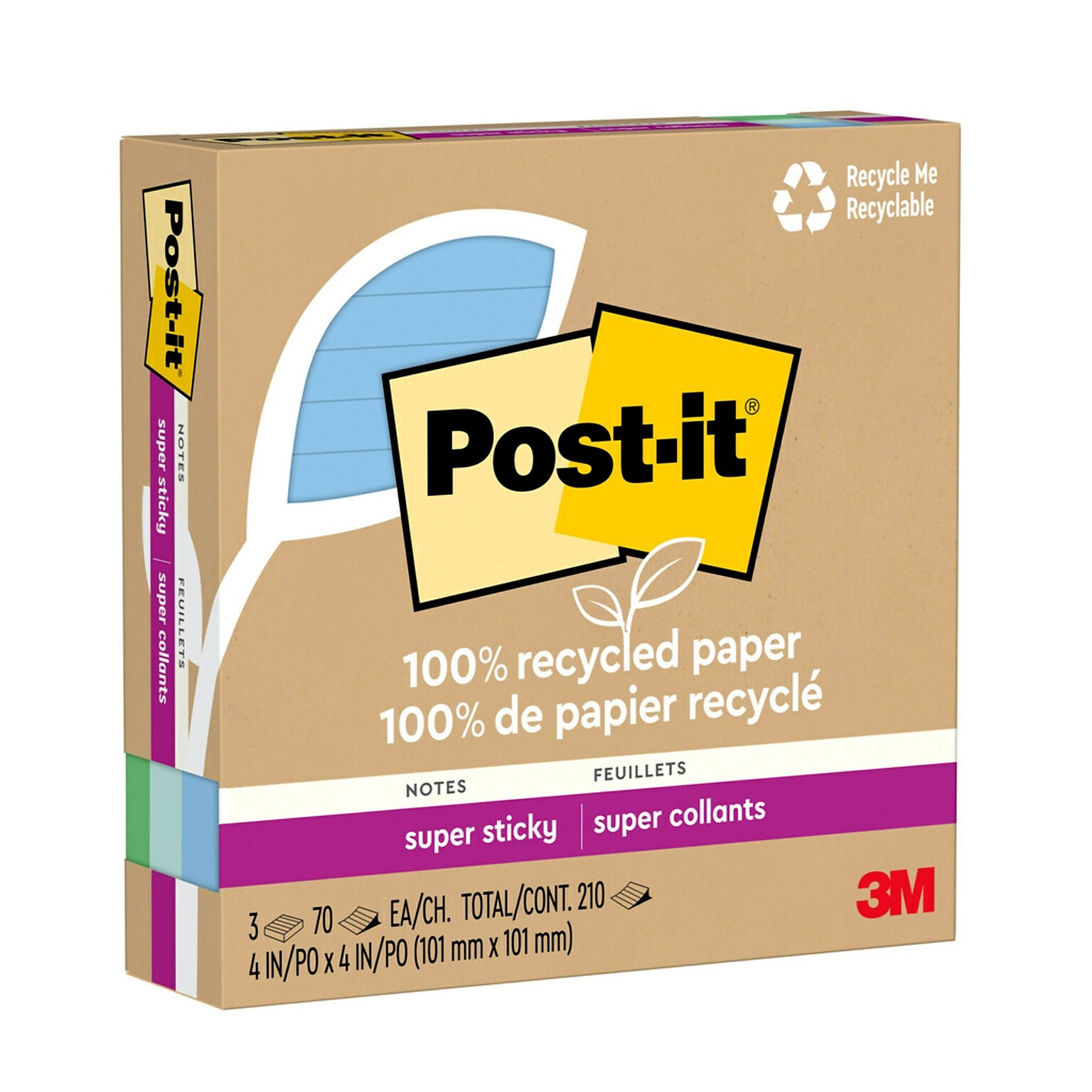 Post-it Oasis Recycled Super Sticky Notes, 4 x 4, Oasis Collection, Lined, 70 Sheets/Pad, 3 Pads/Pack (675R-3SST)