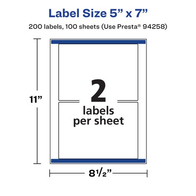 Avery Rectangle Laser/Inkjet Multipurpose Labels, 5" x 7", White, 200 Labels/Box (94258)