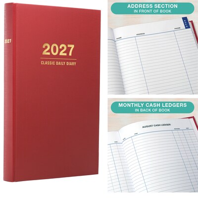 2027 Excello Brands Daily Diary Journal 8" x 12" Daily Planner, Paperboard Cover, Red (NRY27-CD68-RD)