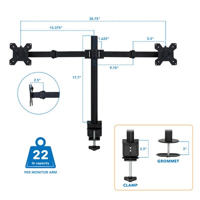Mount-It! Adjustable Dual Monitor Arm Mount, Up To 32" Monitor, Black (MI-2752)