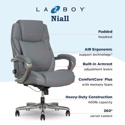 La-Z-Boy Niall AIR Lumbar Pro+ Ergonomic Vegan Leather Executive Big & Tall Chair, 400 lb. Capacity, Cool Gray (60114-CGRY)