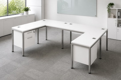 Boss Office Products Simple System 71W L-Shaped Desk with Pedestal, White, 2/Set (SGSD008-203-WT)