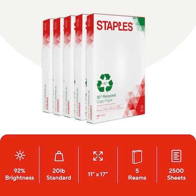 Staples 30% Recycled 11-Inch x 17-Inch Copy Paper 20 lbs 92 Brightness 500/Ream 5 Ream/Count