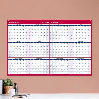 2027 AT-A-GLANCE 48" x 32" Yearly Dry Erase Wall Calendar, Reversible, White/Red (PM326-28-27)