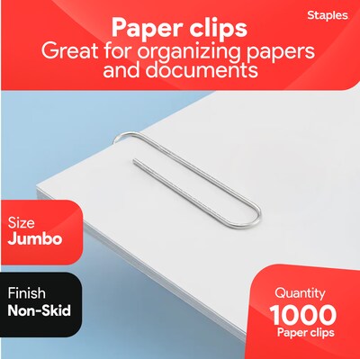 Staples® Jumbo Paper Clips, Nonskid, 100/Box, 10 Boxes/Pack (A7026606/72577)