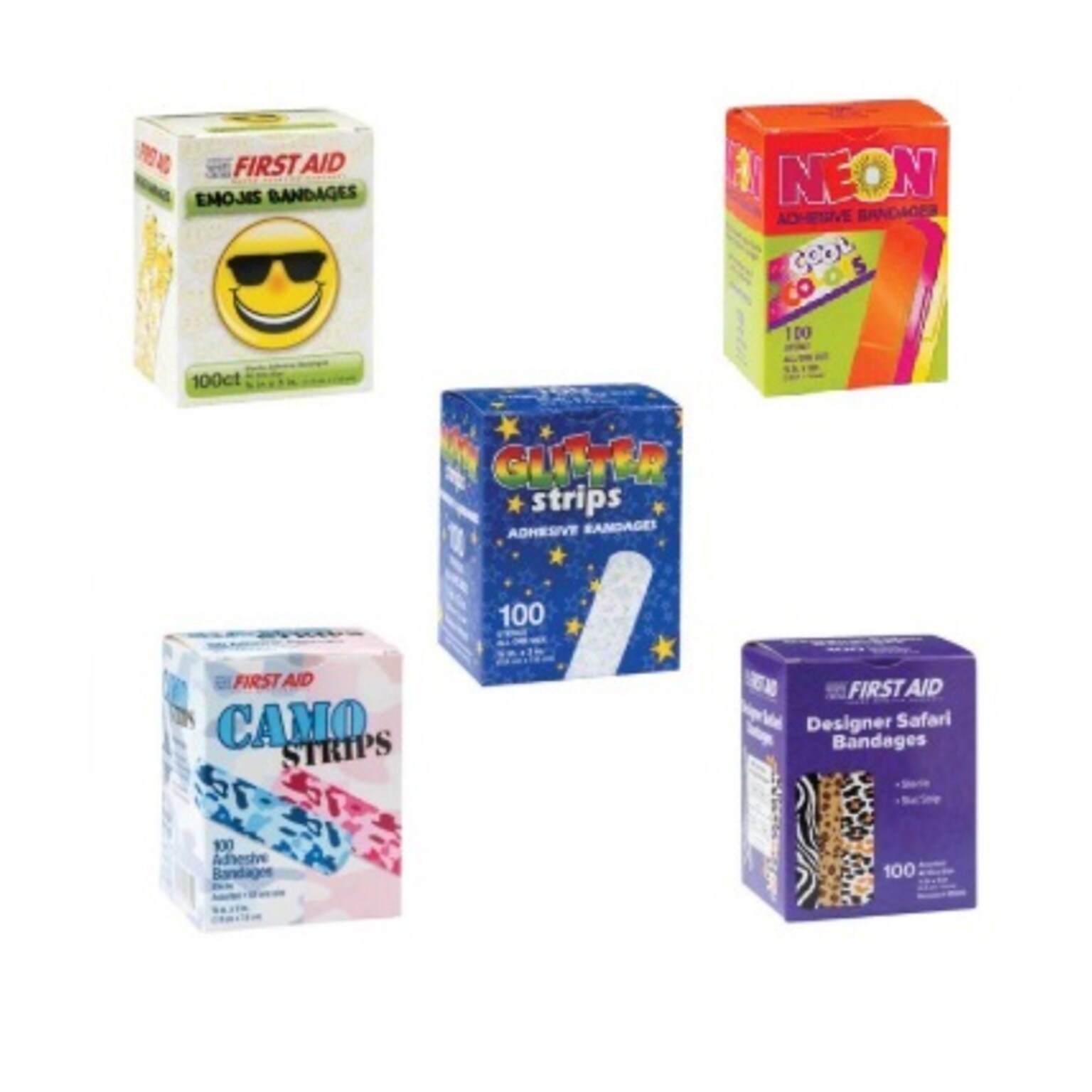 SmileMakers Fun 3/4 x 3 Adhesive Bandages, Assorted, 100 Bandages/Box, 5 Boxes/Case (BASL)