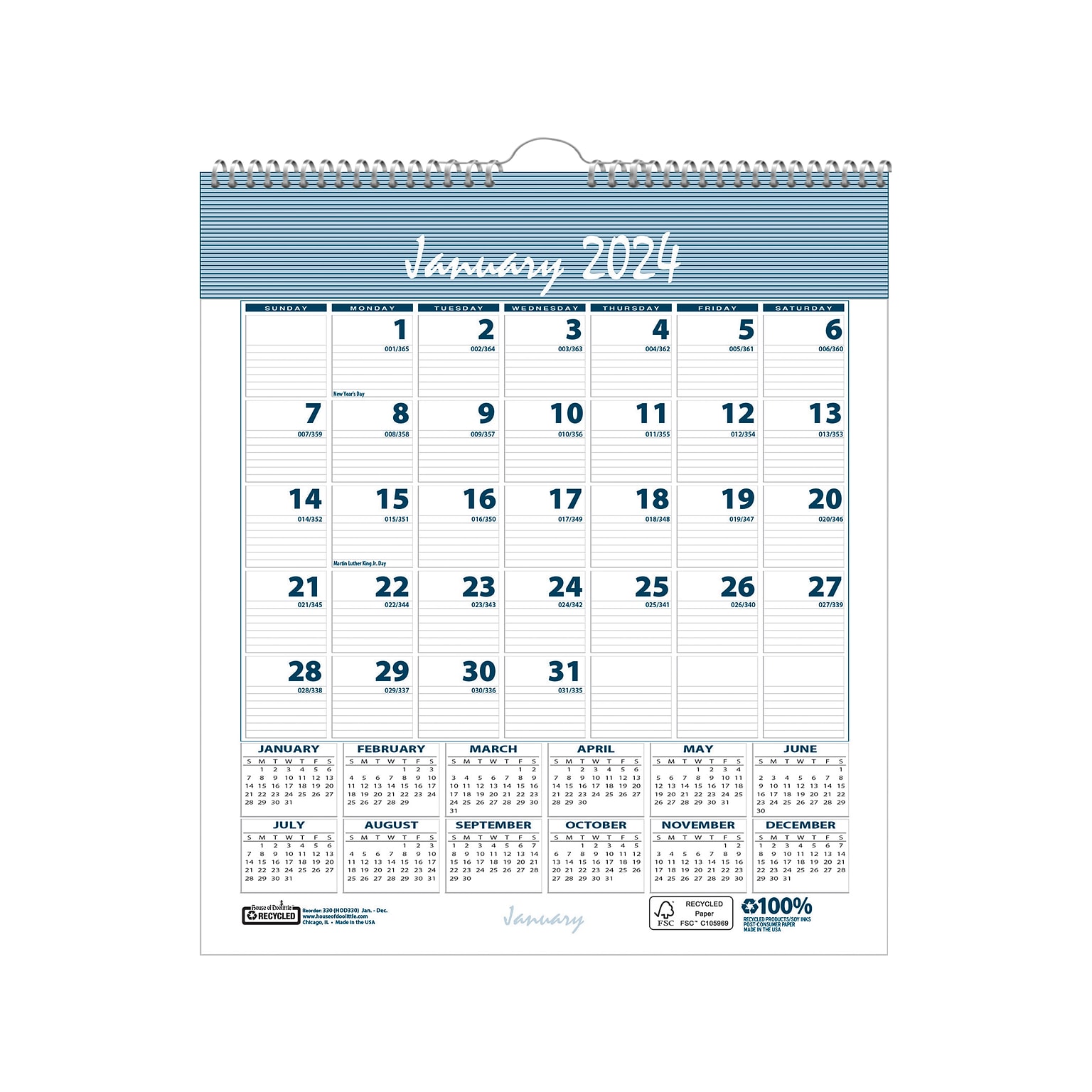 2024 House of Doolittle Bar Harbor 6 x 7 Monthly Wall Calendar, Wedgwood Blue/Gray (330-24)