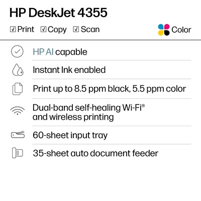 HP DeskJet 4355 Wireless All-in-One Color Inkjet Printer, Scanner, Copier, 3 months free Instant Ink, AI-capable (AJ4Y0A)