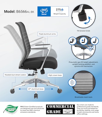 Boss Office Products Ergonomic Mesh Swivel Task Chair, Black (B6566AL-BK)