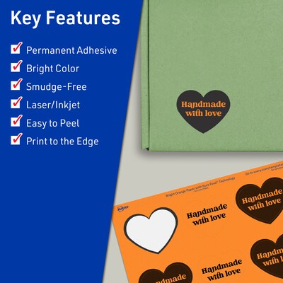 Avery Heart Shaped Multipurpose Labels, 2-9/32 x 1-27/32, Bright Orange, 120/Pack (94603)