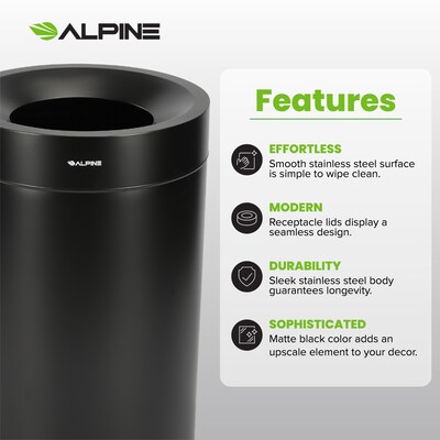 Alpine Industries Stainless Steel Trash Can, 27 Gallon, Black (ALP475-27-BLK)