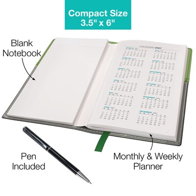 2027 Excello Brands 3.5 x 6 Weekly & Monthly Standard Planner, Paperboard Cover, Green/Black (PKT-CY27-GN-PEN)