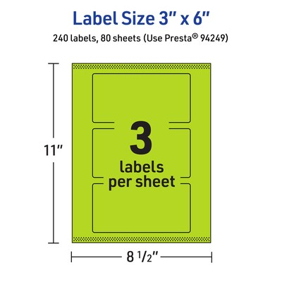 Avery Printable Rectangle Multipurpose Labels, 3" x 6", Bright Green, 240/Box (94249)