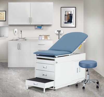Viva Comfort Adjustable Exam Table with Stirrups & Storage, 500 lbs. Capacity, Blue (ADI996-09-SSU2-