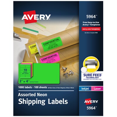 Avery Sure Feed Laser Shipping Labels, 2x 4, Neon Assorted, 100 Labels/Box (5964)