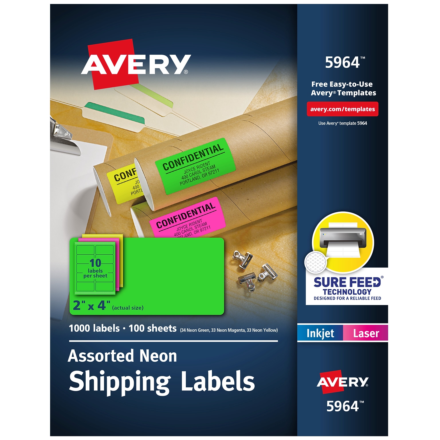 Avery Sure Feed Laser Shipping Labels, 2x 4, Neon Assorted, 100 Labels/Box (5964)