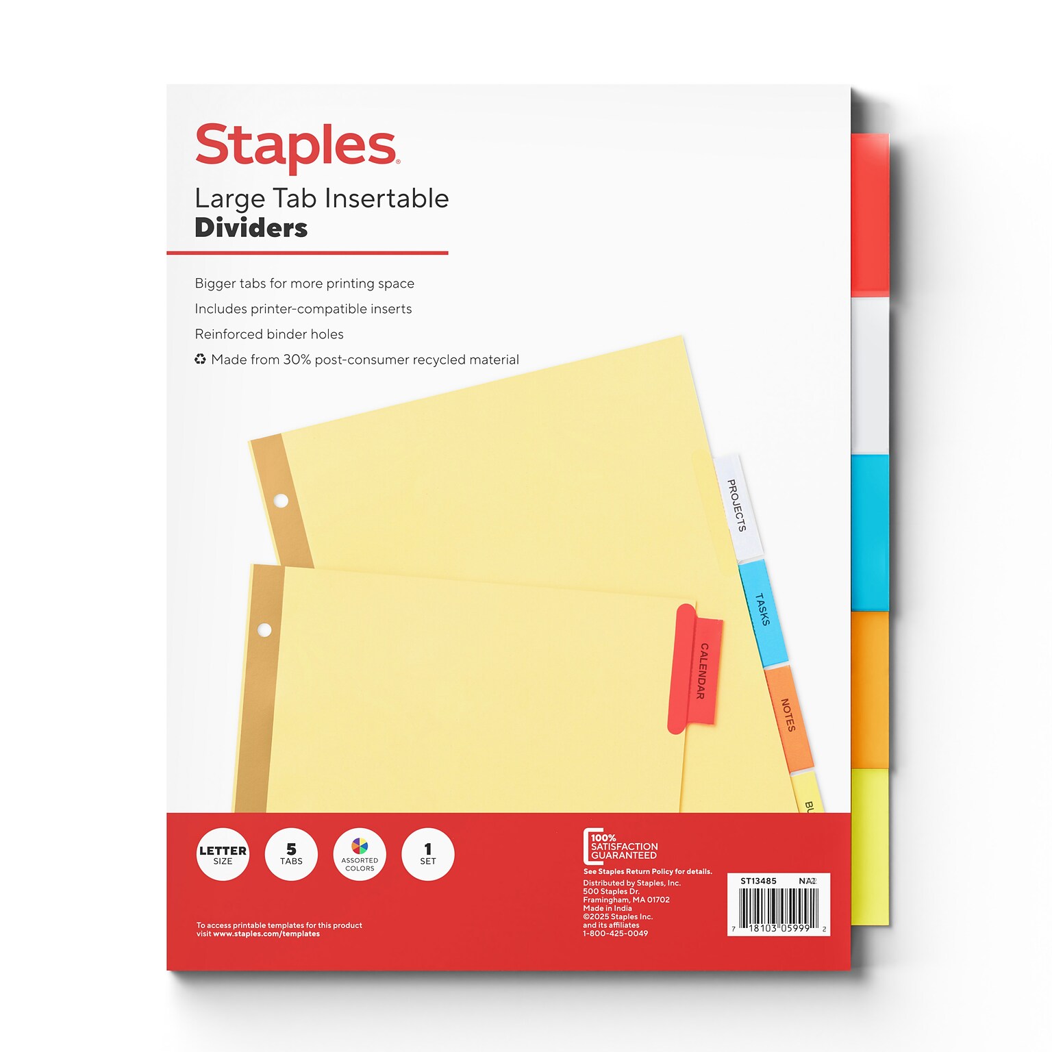 Staples Large Tab Insertable Paper Dividers, Assorted Colors, 5-Tabs (13485/11109)