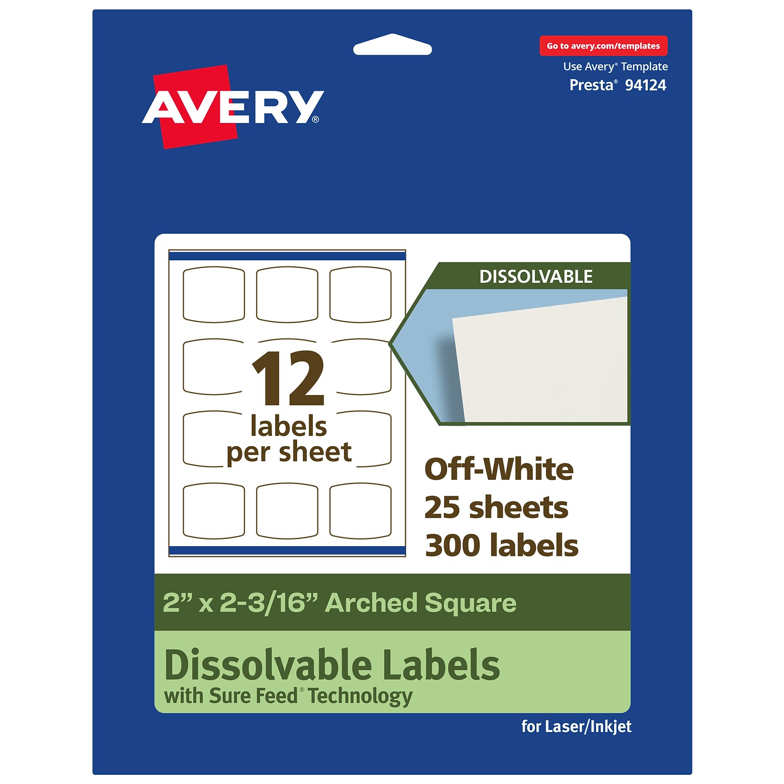 Avery Dissolvable Square Multipurpose Labels, 2 x 2-3/16, Off-white, 300/Pack (94124)