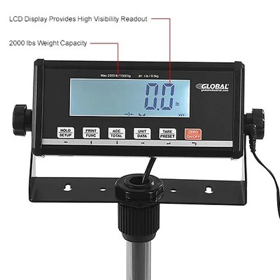Global Industrial Digital Floor Scale w/ LCD Indicator & Stand, 2,000 lb. x 1 lb. (244244)