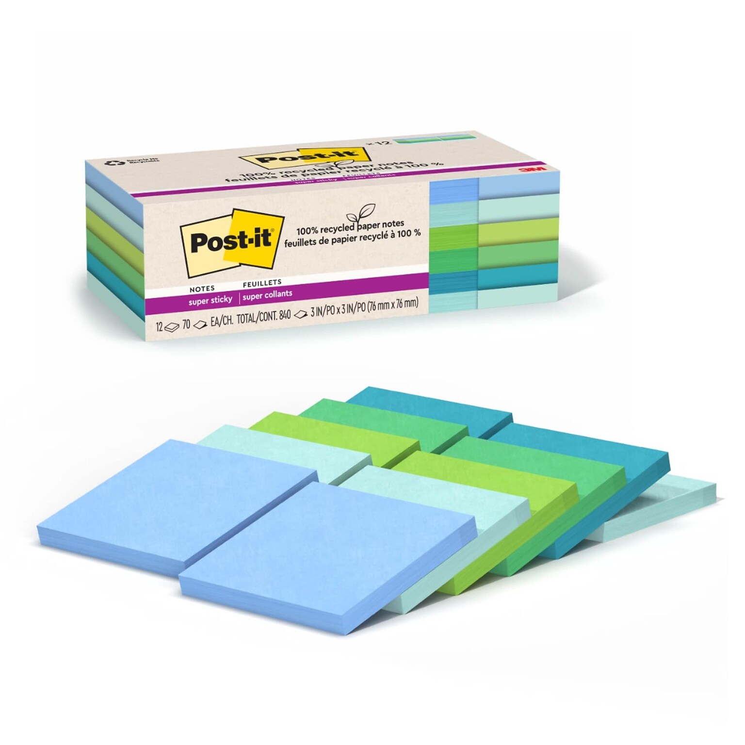 Post-it Recycled Super Sticky Notes, 3 x 3, Oasis Collection, 70 Sheets/Pad, 12 Pads/Pack (654R-12SST)