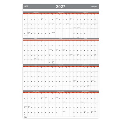 2027 Staples 36 x 24 Yearly Wall Calendar, Reversible, White/Red/Gray (ST53903-27)