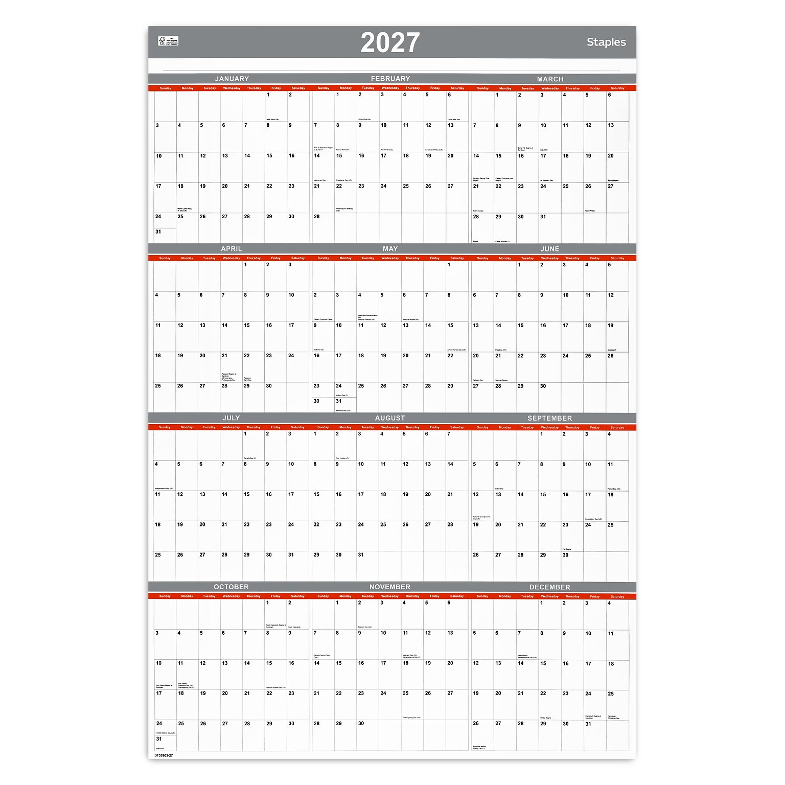 2027 Staples 36 x 24 Yearly Wall Calendar, Reversible, White/Red/Gray (ST53903-27)