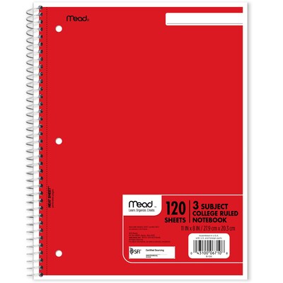 Mead Spiral 3-Subject Notebooks, 8.5 x 11, College Ruled, 120 Sheets (06710)