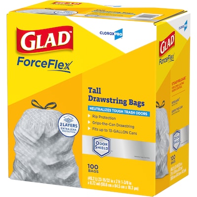 Glad ForceFlex Tall 13 Gallon Drawstring Kitchen Trash Bag, Grey, 100 Total Bags (70427)