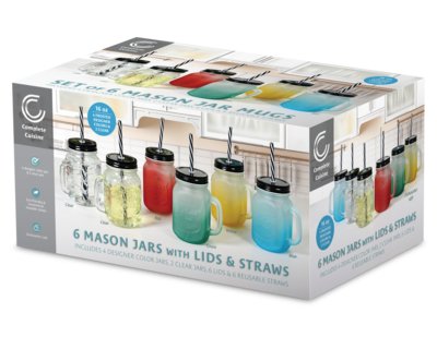 6 Mason Jars with Lids & Straws
