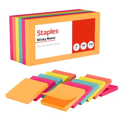 Staples Pop-Up Sticky Notes, 3 x 3, Assorted Colors, 600 Sheets – Dispenser-Ready Notes for Reminders & Office Use
