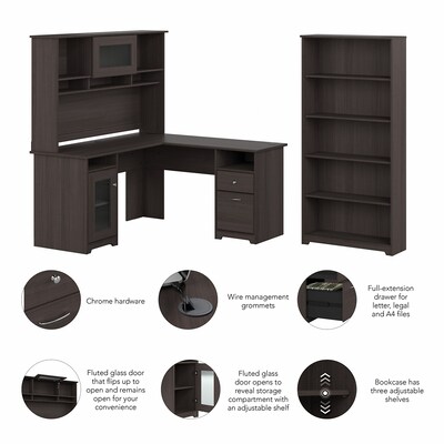 Bush Furniture Cabot 60"W L Shaped Computer Desk with Hutch and 5 Shelf Bookcase, Heather Gray (CAB011HRG)