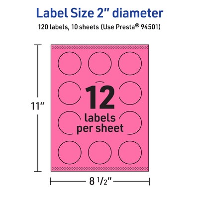 Avery Laser/Inkjet Round Multipurpose Labels, 2" Dia., Bright Pink, 120/Pack (94501)