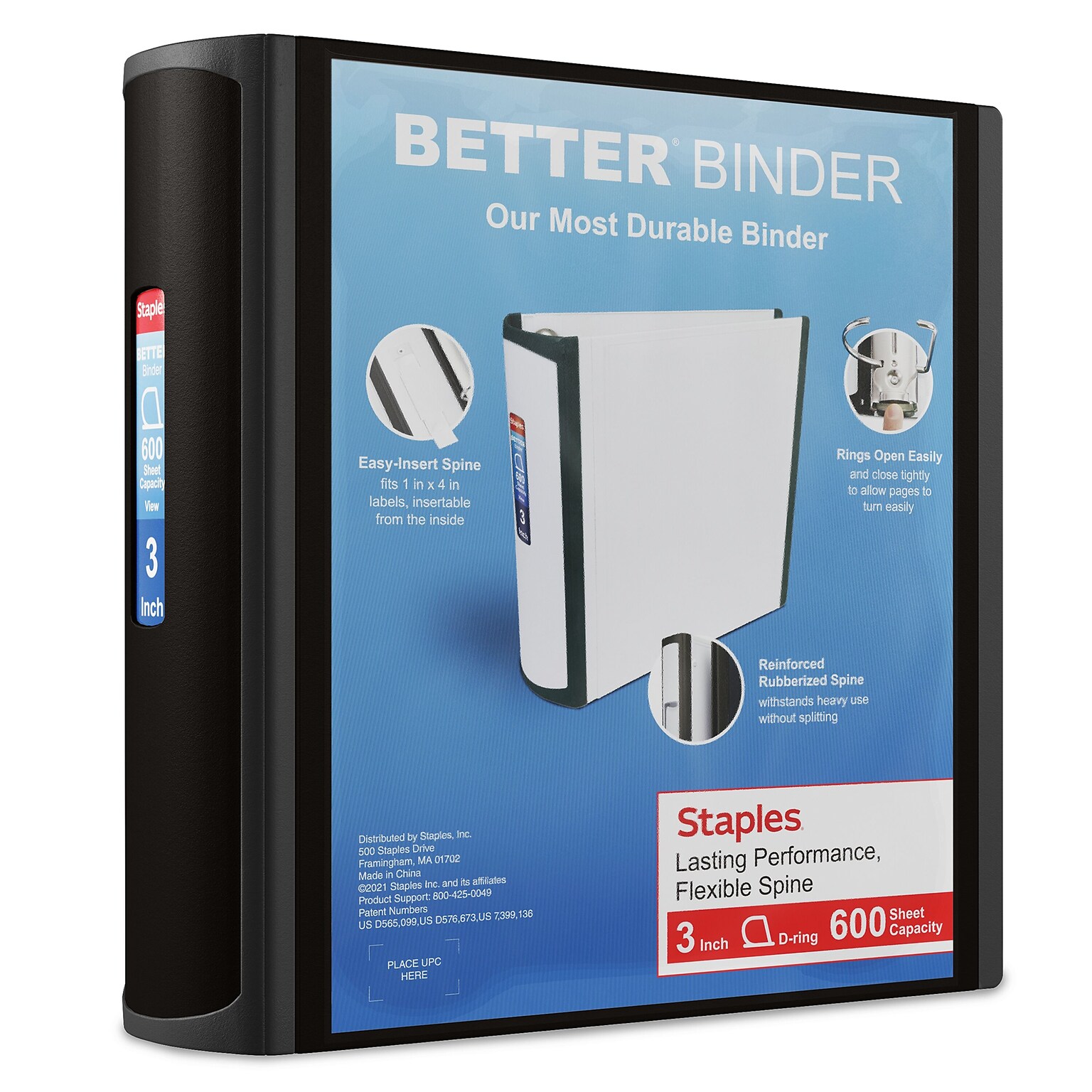 Staples Heavy Duty 3 3-Ring Better Binder, D-Ring, Black (ST55888-CC)