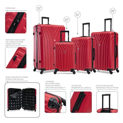 InUSA Vasty 4-Piece Hardside Spinner Luggage Set, TSA Checkpoint Friendly, Red (IUVASSMLXL-RED)