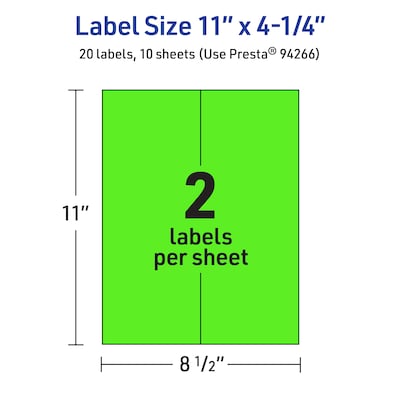 Avery Rectangle Laser/Inkjet Multipurpose Labels, 11" x 4.25", Neon Green (20/Pack)