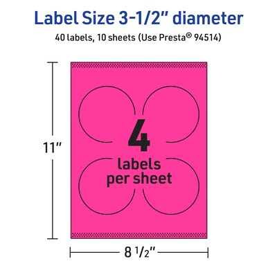 Avery Laser/Inkjet Round Multipurpose Labels, 3.5" Dia., Neon Magenta, 40/Pack (94514)