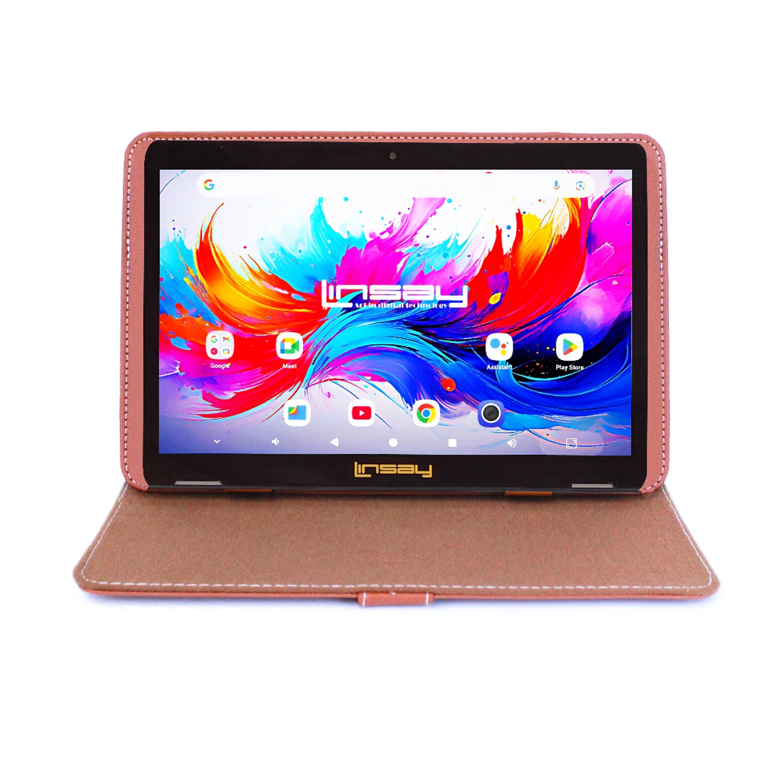 Linsay F10 Series 10.1 Tablet, Wi-Fi, Octa Core, 256GB eMMC, Android 15, with Brown Leather Case (F10IPGCLBROWNPLUS)