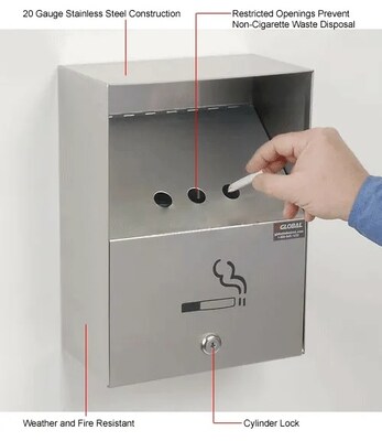 Global Industrial Stainless Steel Wall Mount Outdoor Ashtray, 1 Gallon, Silver (238068)