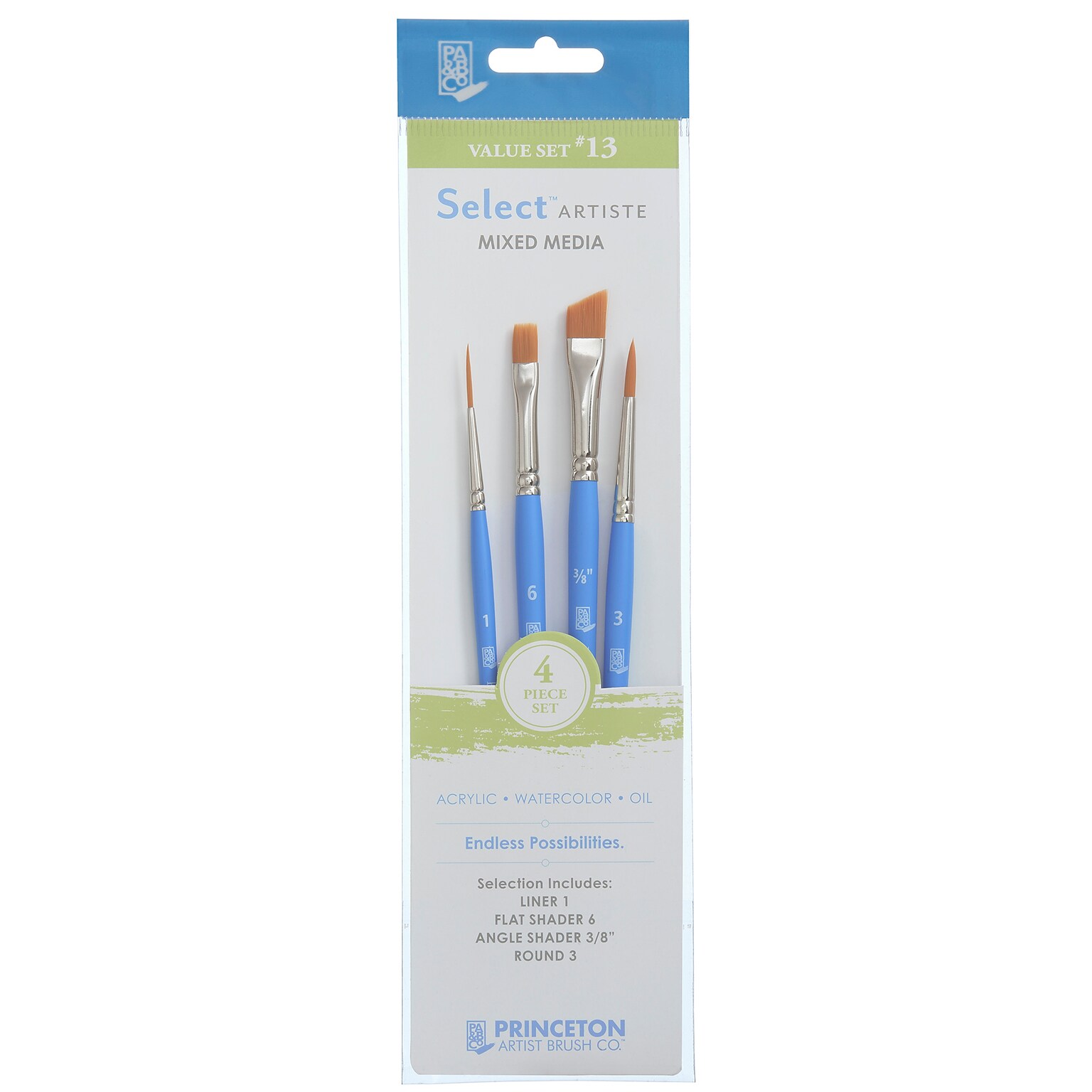 Princeton Select Artiste Short Handle Mixed Media Synthetic No. 13 Assorted Brush Set, 4/Pack (PBXP3750SET113)