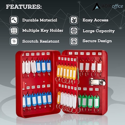 AdirOffice 48-Key Cabinet with Combination Lock and Key Tags, Red (682-48-RED-689-PKG)