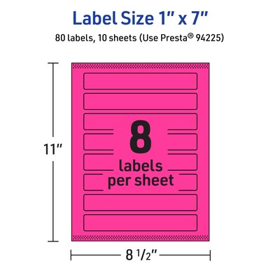 Avery Laser/Inkjet Rectangle Multipurpose Labels, 1" x 7", Neon Magenta, 80/Pack (94225)