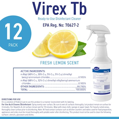 Diversey Virex TB Disinfectant Cleaner, RTU, Lemon Scent, 32 oz., 12/Carton (04743.)