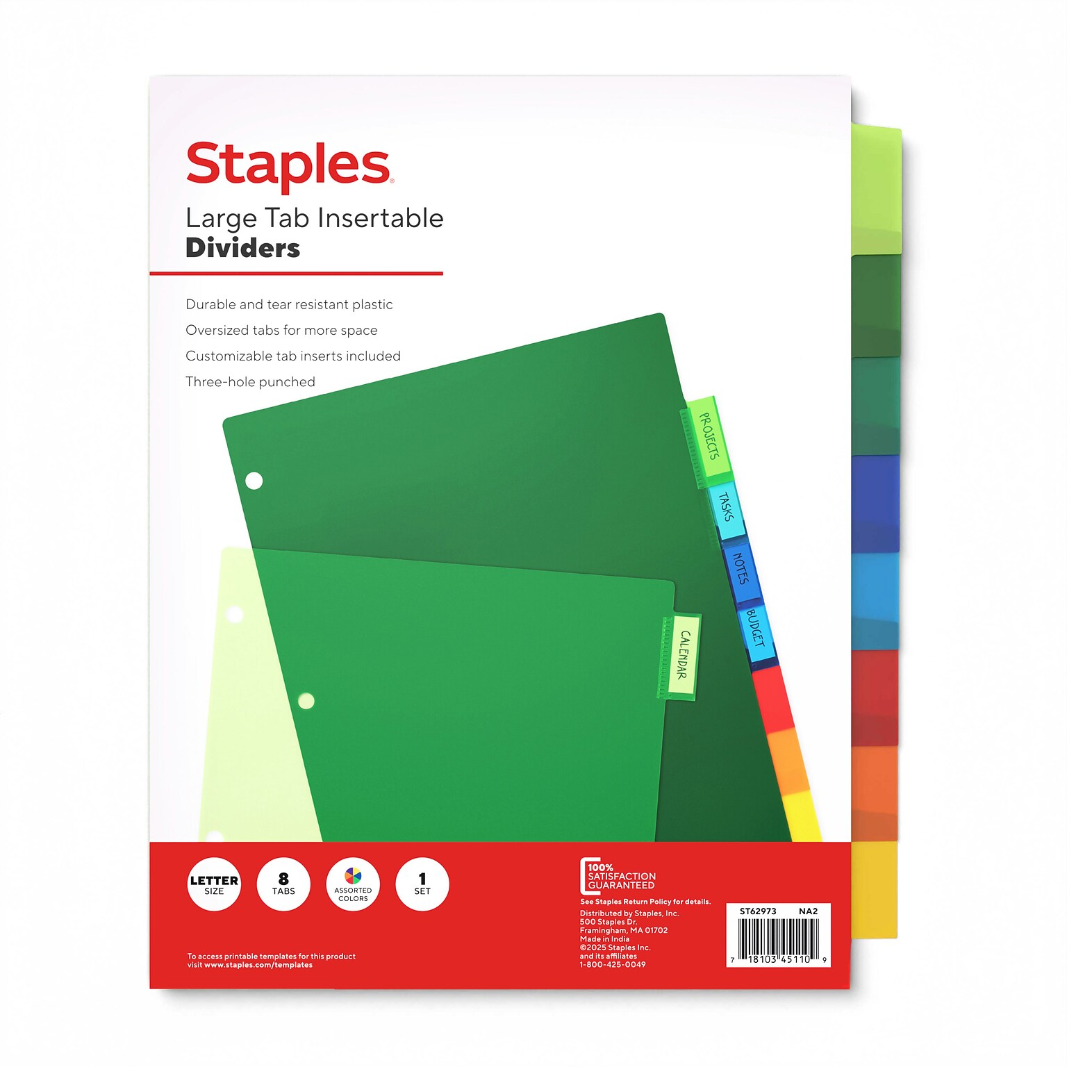 Staples Large Tab Insertable Plastic Dividers, Multicolor, 8-Tabs (ST62973)
