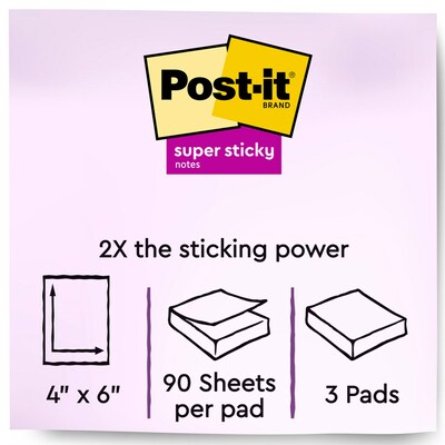 Post-it Super Sticky Notes, 4 x 6 in., 3 Pads, 90 Sheets/Pad, Lined, 2x the Sticking Power, Supernova Neons Collection